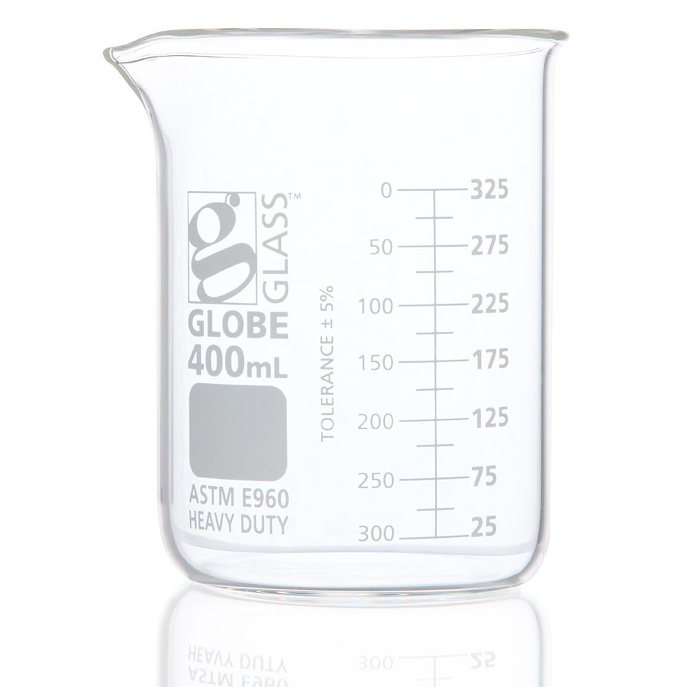 Globe Scientific Beaker, Globe Glass, 400mL, Low Form Griffin Style, Heavy Duty, Dual Graduations, ASTM E960, 12/Box Beaker;400ml heavy duty beaker;beaker glass